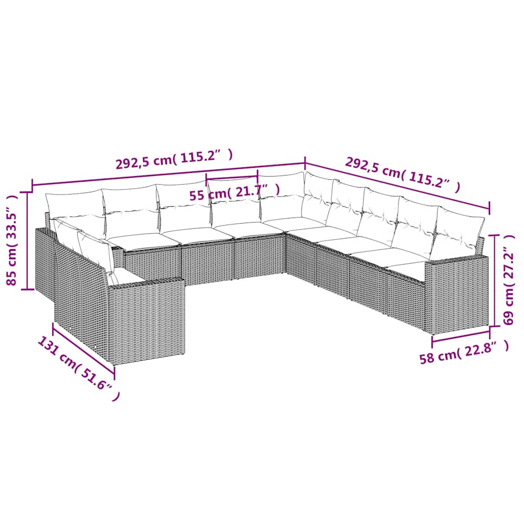 11-tlg. Garten-Sofagarnitur mit Kissen Schwarz Poly Rattan