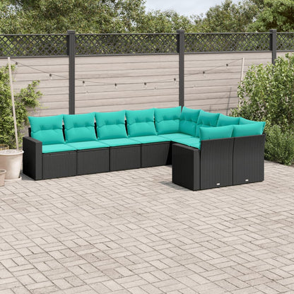 9-tlg. Garten-Sofagarnitur mit Kissen Schwarz Poly Rattan