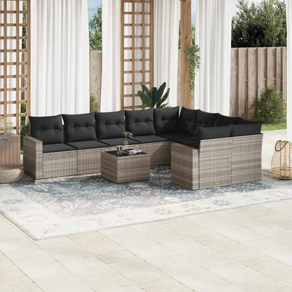 10-tlg. Garten-Sofagarnitur mit Kissen Hellgrau Poly Rattan