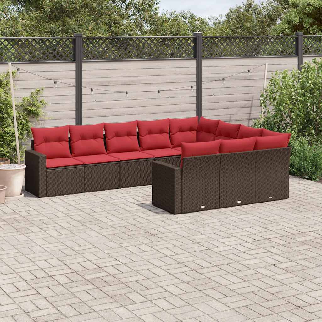 10-tlg. Garten-Sofagarnitur mit Kissen Braun Poly Rattan