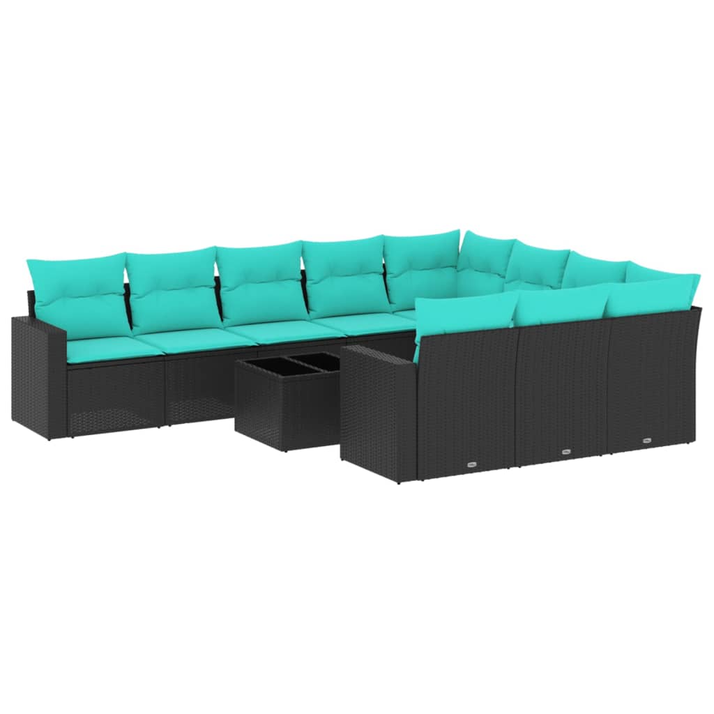 11-tlg. Garten-Sofagarnitur mit Kissen Schwarz Poly Rattan