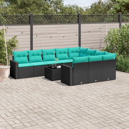 11-tlg. Garten-Sofagarnitur mit Kissen Schwarz Poly Rattan