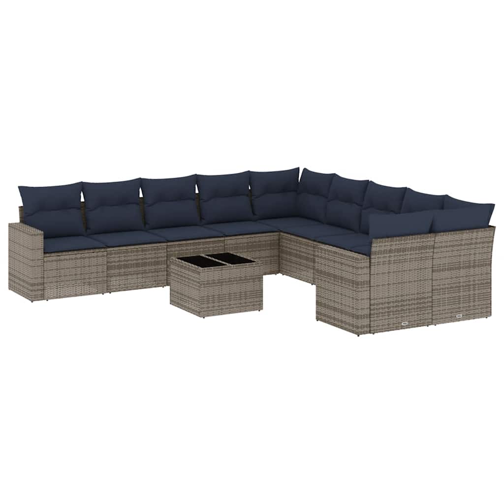 11-tlg. Garten-Sofagarnitur mit Kissen Grau Poly Rattan