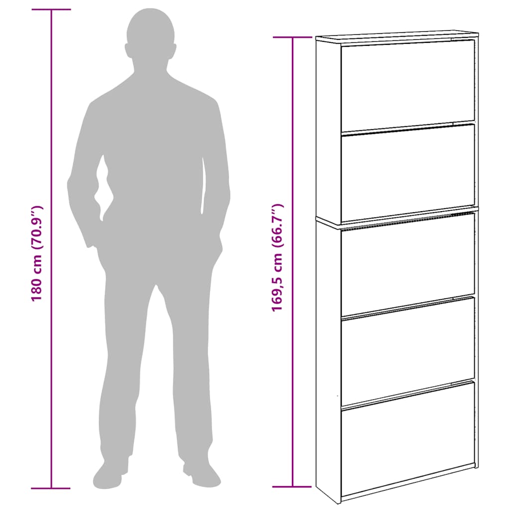 Schuhschrank mit Spiegel 5 Fächer Braun Eiche 63x17x169,5 cm
