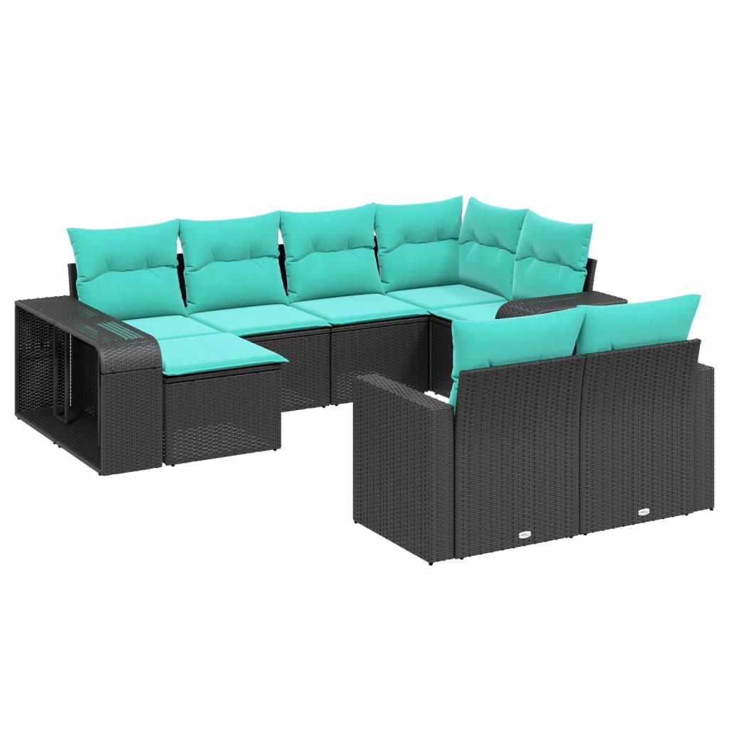 10-teiliges Gartensofa-Set mit Kissen, schwarzes Polyrattan