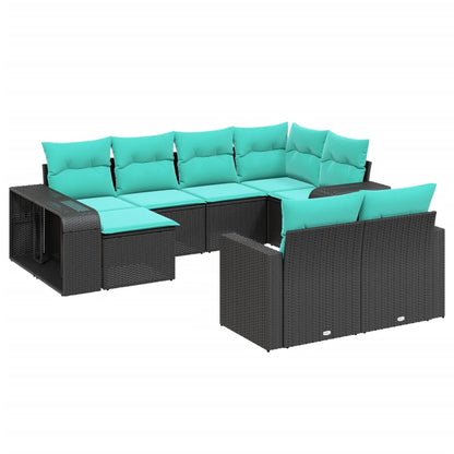 10-teiliges Gartensofa-Set mit Kissen, schwarzes Polyrattan