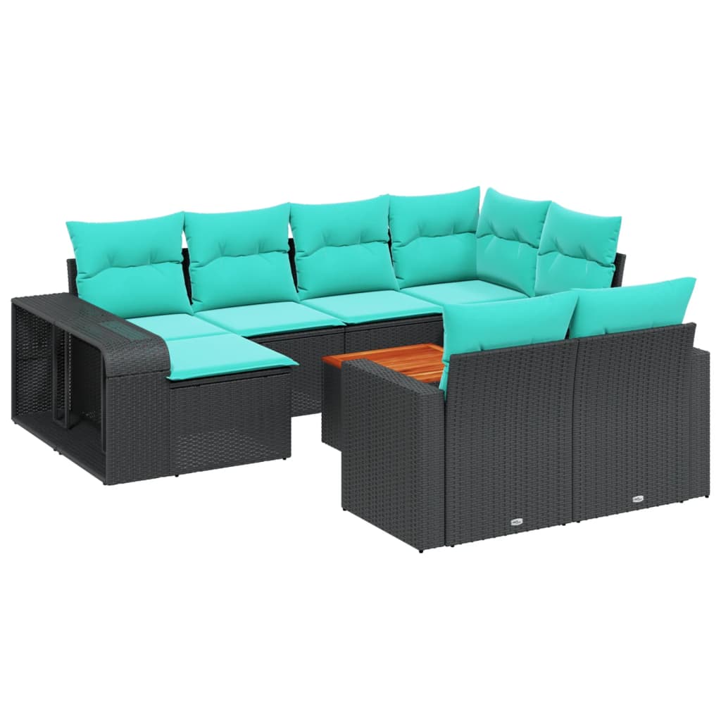 11-teiliges Gartensofa-Set mit Kissen, schwarzes Polyrattan