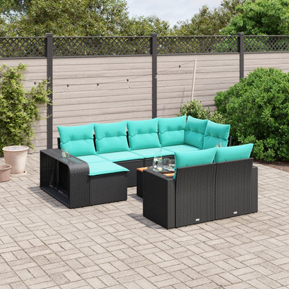 11-teiliges Gartensofa-Set mit Kissen, schwarzes Polyrattan