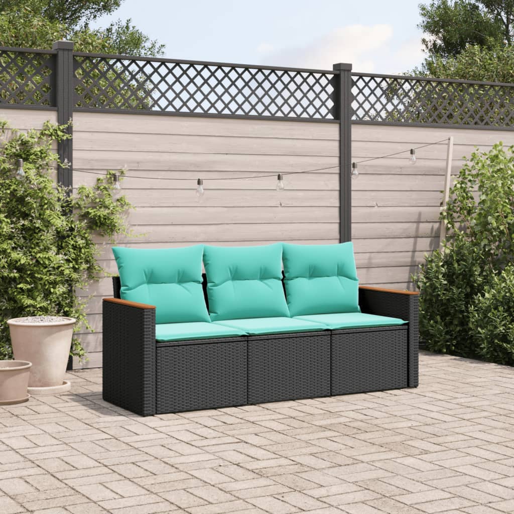 3-teiliges Gartensofa-Set mit Kissen, schwarzes Polyrattan