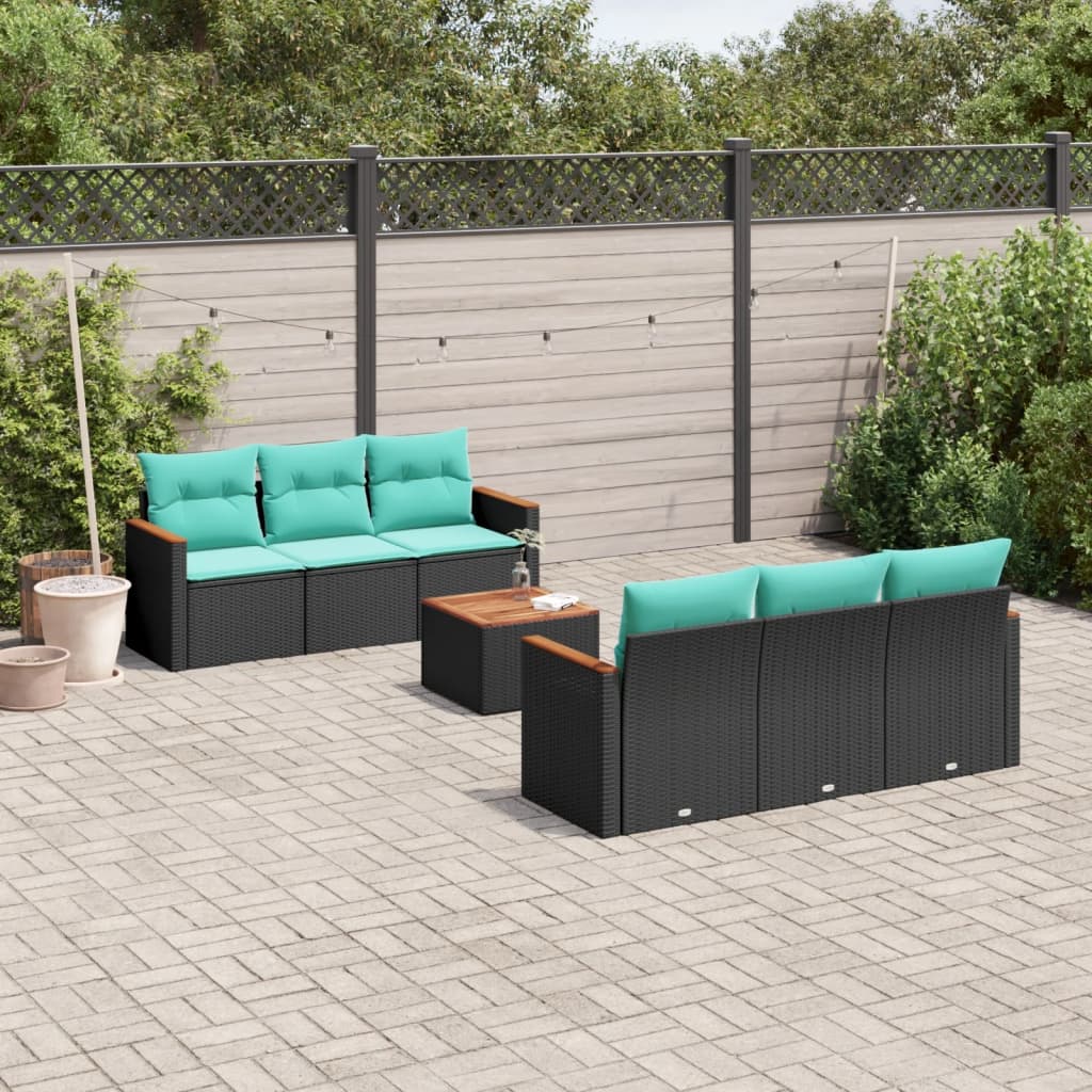 7-teiliges Gartensofa-Set mit Kissen, schwarzes Polyrattan