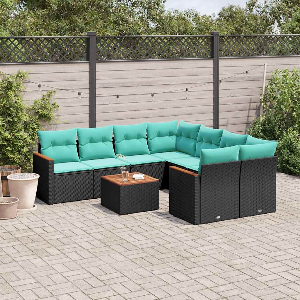 9-teiliges Gartensofa-Set mit Kissen, schwarzes Polyrattan