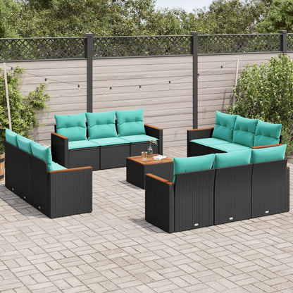13-teiliges Gartensofa-Set mit Kissen, schwarzes Polyrattan
