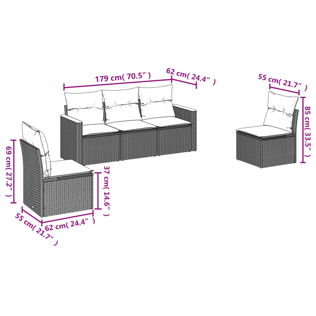 5-teiliges Gartensofa-Set mit Kissen, schwarzes Polyrattan