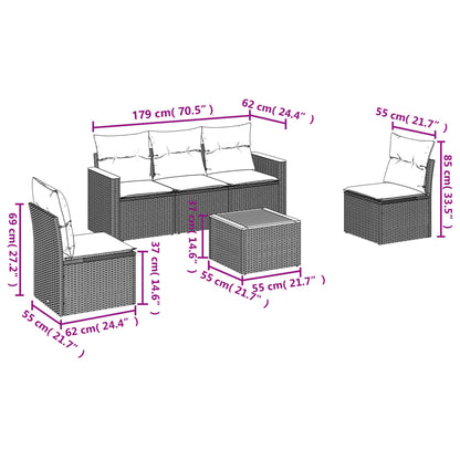 6-teiliges Gartensofa-Set mit Kissen, schwarzes Polyrattan
