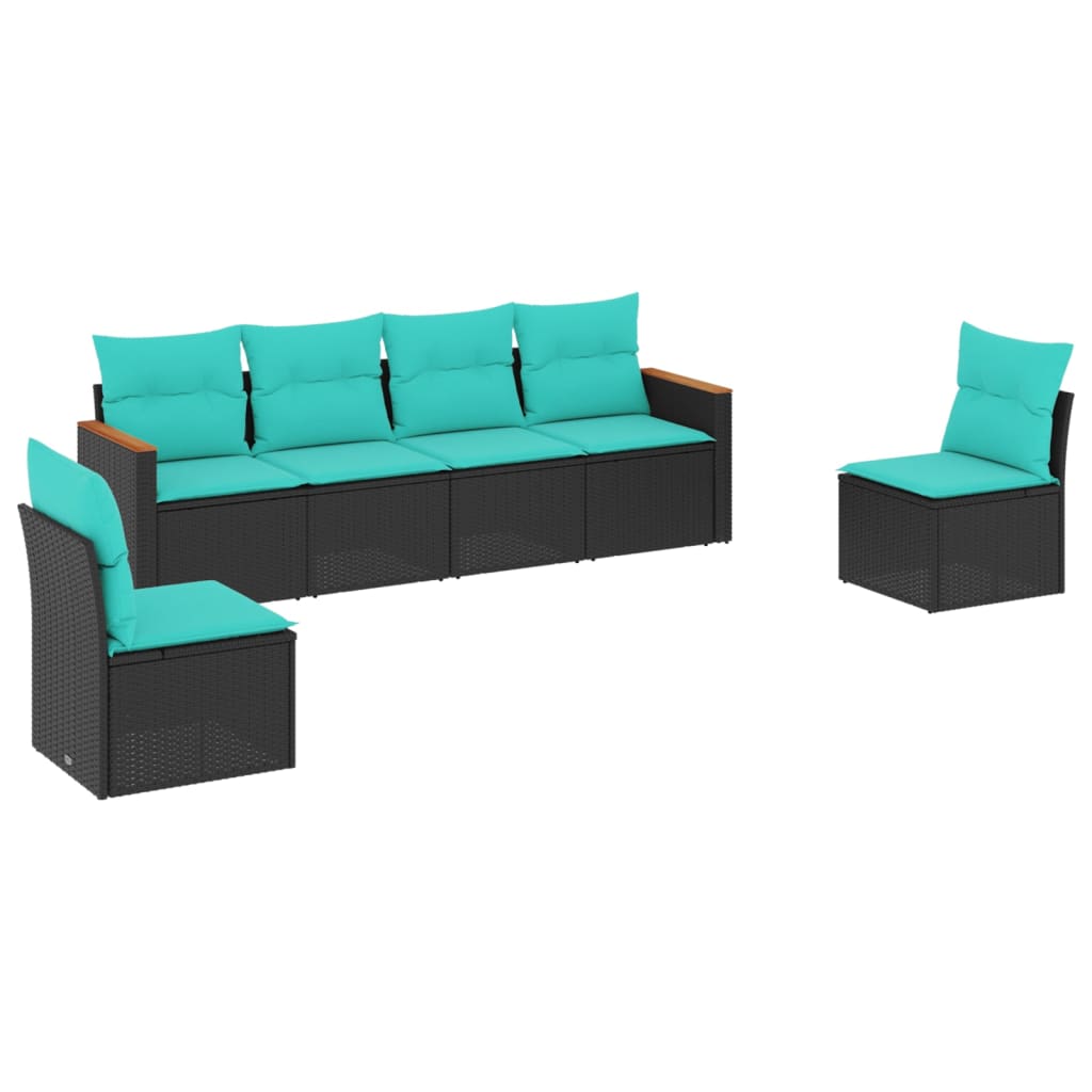 6-teiliges Gartensofa-Set mit Kissen, schwarzes Polyrattan