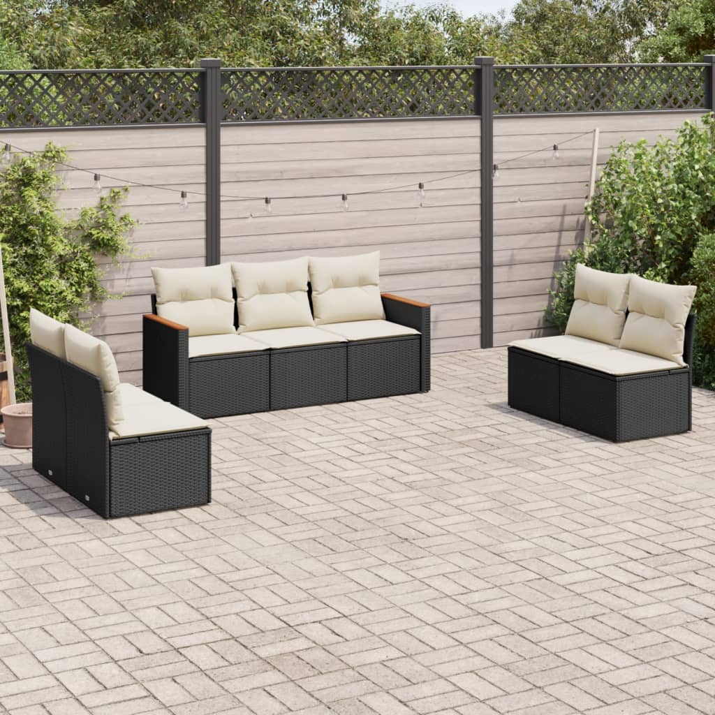 7-tlg. Garten-Sofagarnitur mit Kissen Schwarz Poly Rattan