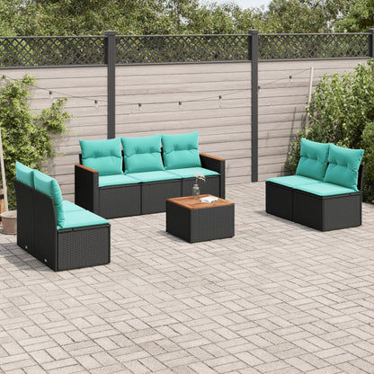 8-teiliges Gartensofa-Set mit Kissen, schwarzes Polyrattan