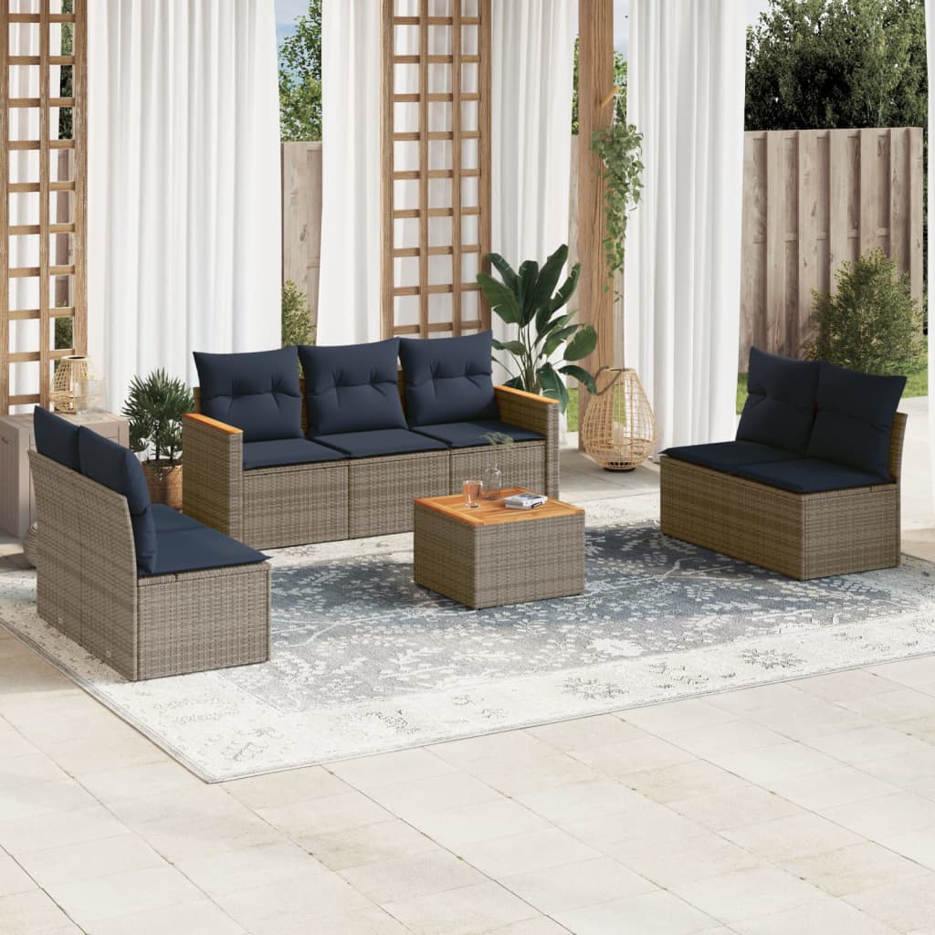 8-teiliges Gartensofa-Set mit Kissen, grau, Polyrattan