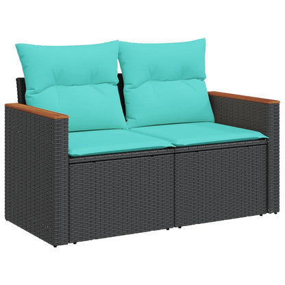 4-teiliges Gartensofa-Set mit Kissen, schwarzes Polyrattan