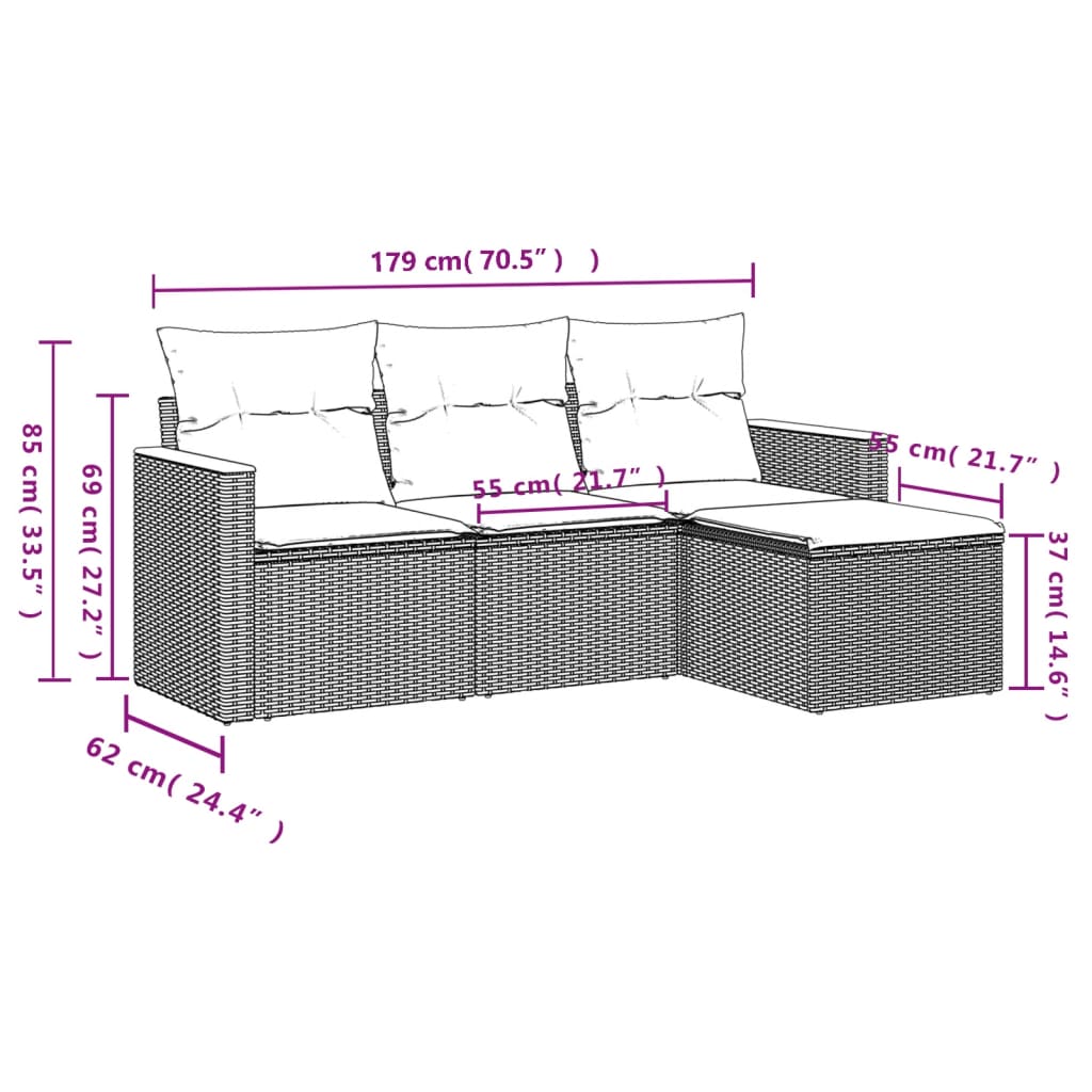 4-teiliges Gartensofa-Set mit Kissen, schwarzes Polyrattan