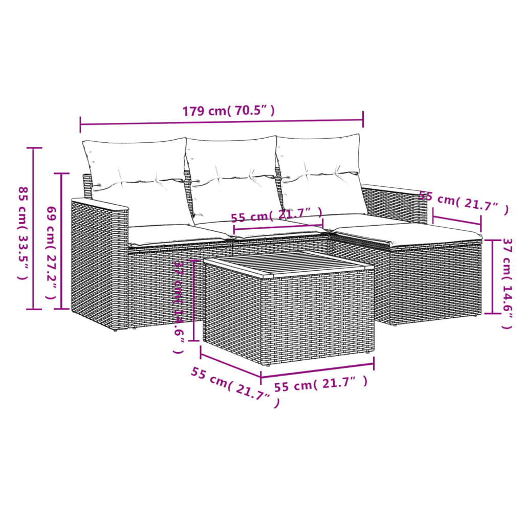 5-teiliges Gartensofa-Set mit Kissen, grau, Polyrattan