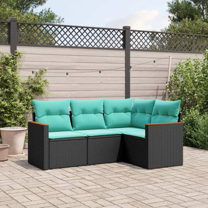 4-teiliges Gartensofa-Set mit Kissen, schwarzes Polyrattan