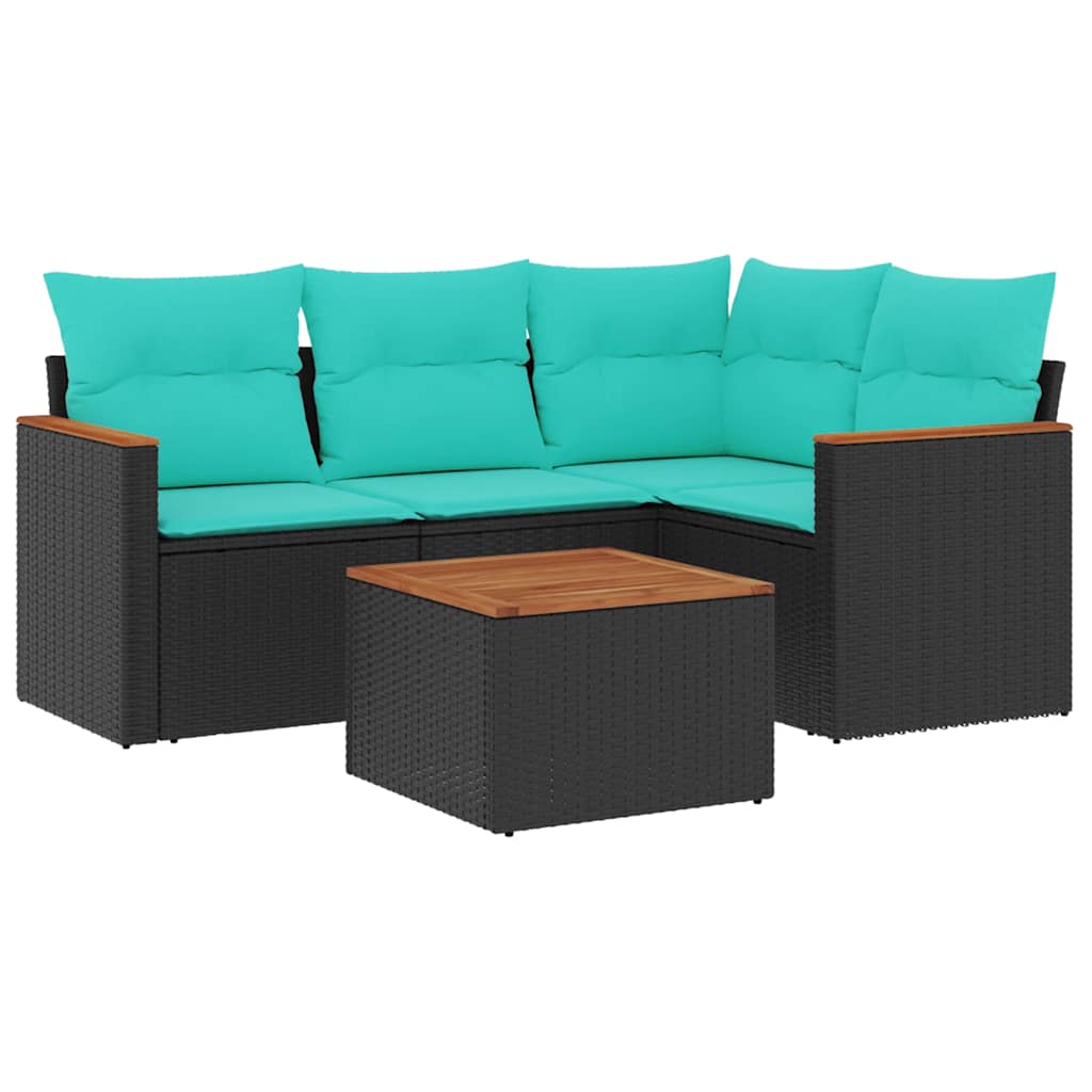 5-teiliges Gartensofa-Set mit Kissen, schwarzes Polyrattan