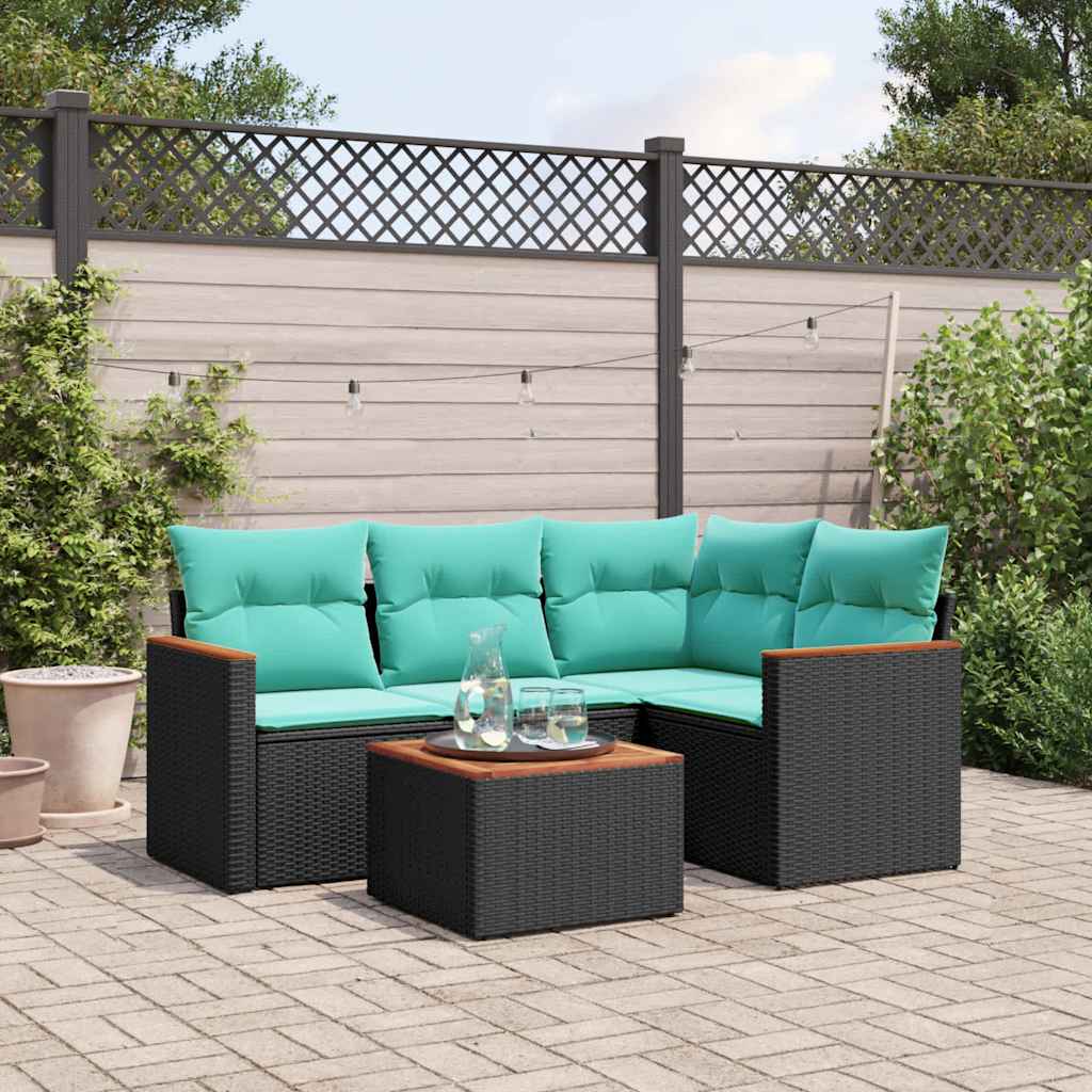 5-teiliges Gartensofa-Set mit Kissen, schwarzes Polyrattan