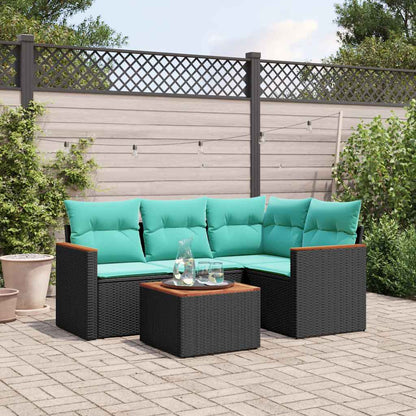 5-teiliges Gartensofa-Set mit Kissen, schwarzes Polyrattan
