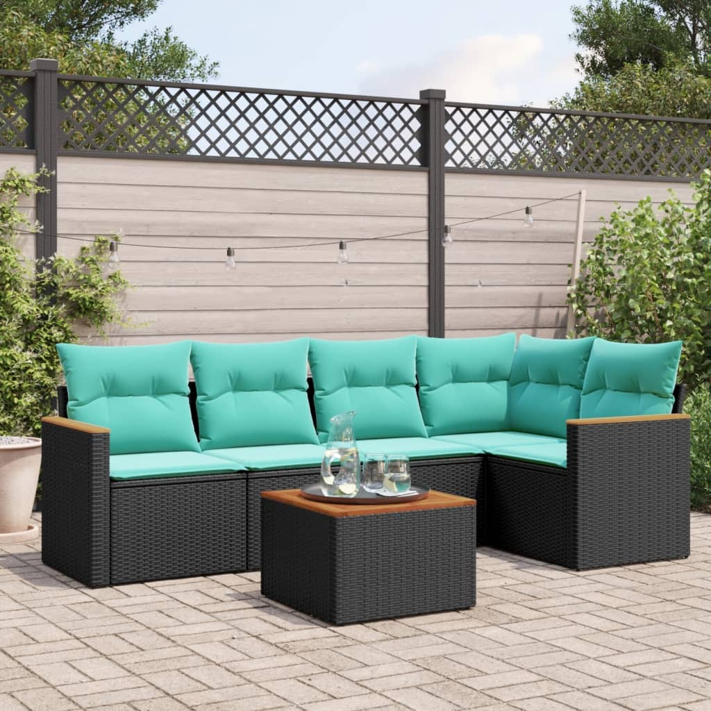 6-teiliges Gartensofa-Set mit Kissen, schwarzes Polyrattan