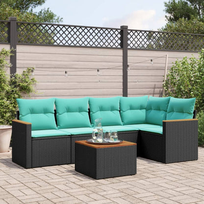 6-teiliges Gartensofa-Set mit Kissen, schwarzes Polyrattan