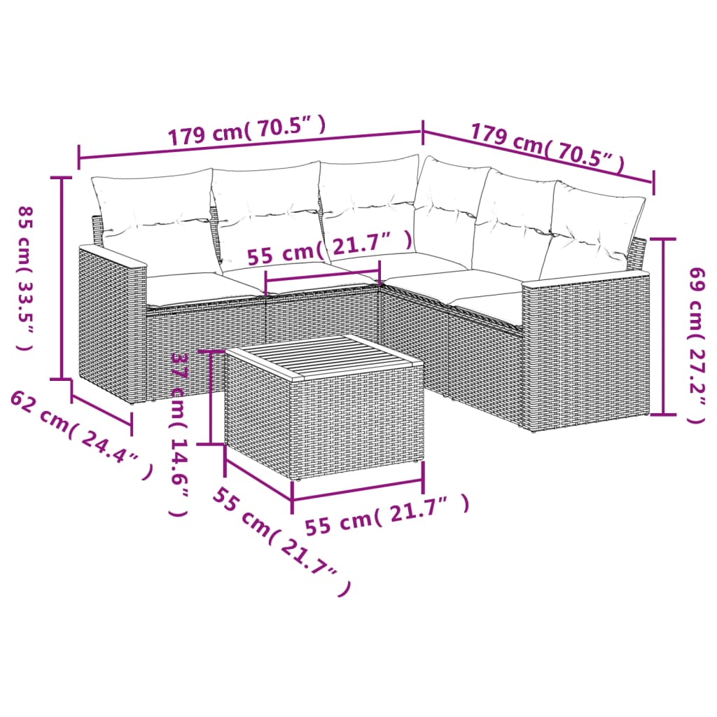 6-teiliges Gartensofa-Set mit Kissen, schwarzes Polyrattan