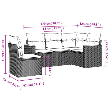 5-teiliges Gartensofa-Set mit Kissen, schwarzes Polyrattan