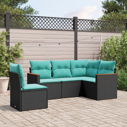 5-teiliges Gartensofa-Set mit Kissen, schwarzes Polyrattan