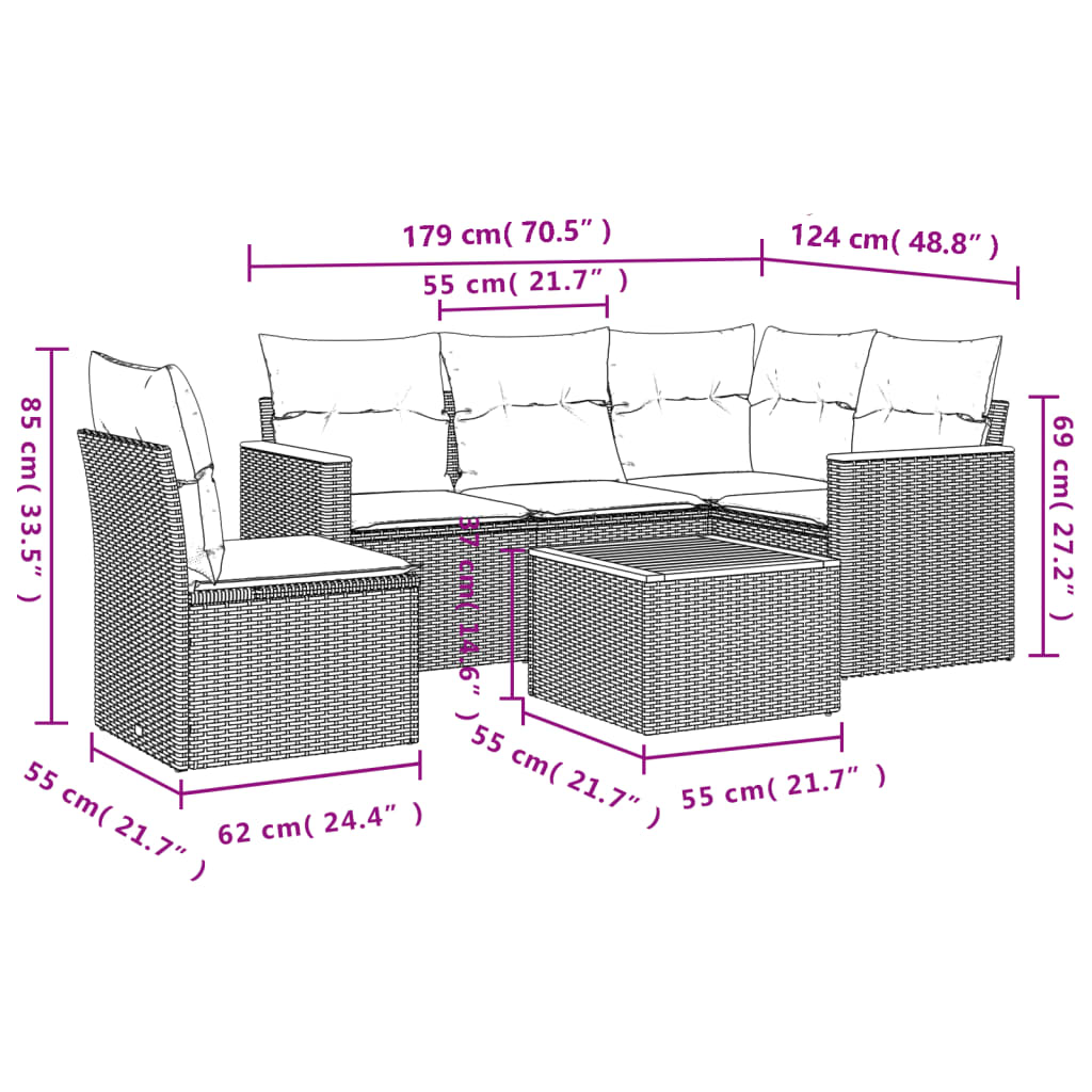 6-teiliges Gartensofa-Set mit Kissen, schwarzes Polyrattan
