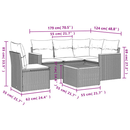 6-teiliges Gartensofa-Set mit Kissen, schwarzes Polyrattan