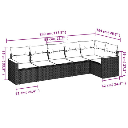 6-teiliges Gartensofa-Set mit Kissen, schwarzes Polyrattan