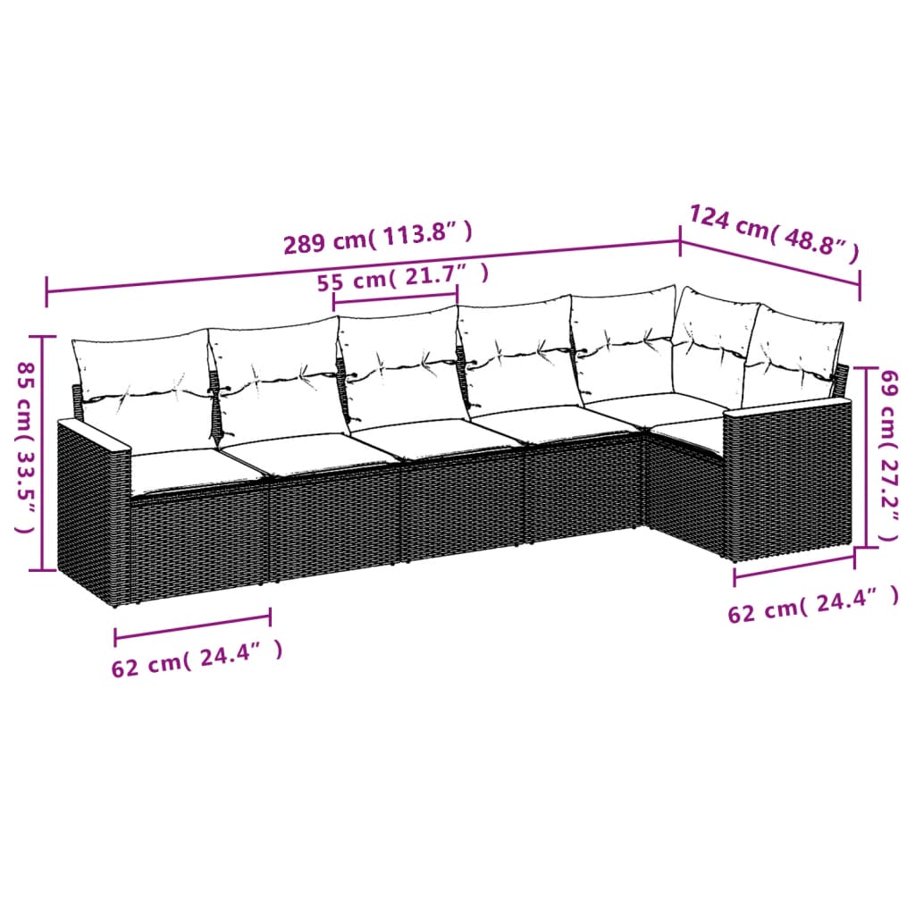 6-teiliges Gartensofa-Set mit Kissen, grau, Polyrattan