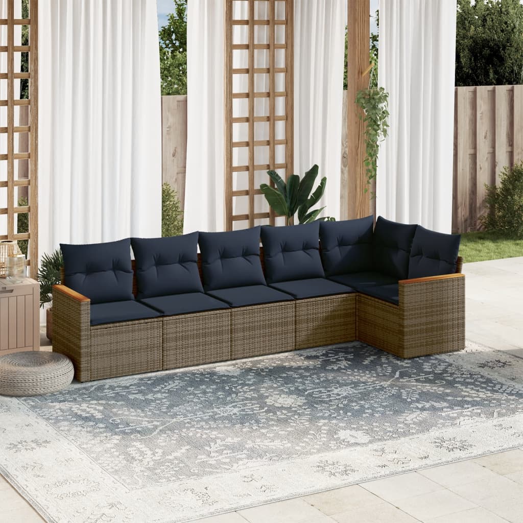 6-teiliges Gartensofa-Set mit Kissen, grau, Polyrattan