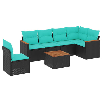 7-teiliges Gartensofa-Set mit Kissen, schwarzes Polyrattan