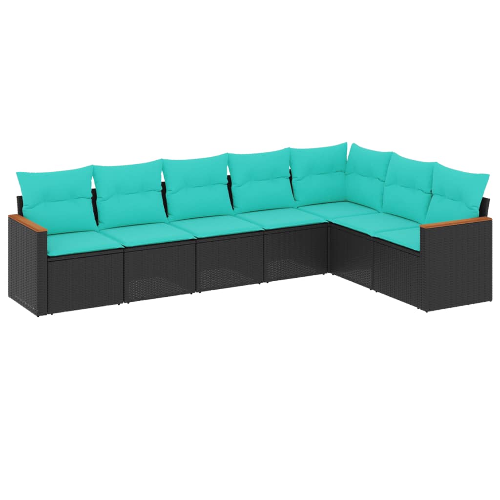 7-teiliges Gartensofa-Set mit Kissen, schwarzes Polyrattan