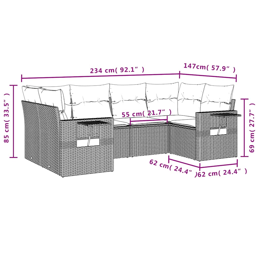 6-teiliges Gartensofa-Set mit Kissen, braun, Polyrattan