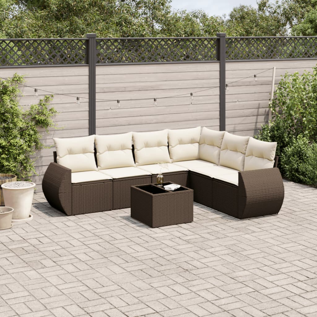 7-tlg. Garten-Sofagarnitur mit Kissen Braun Poly Rattan
