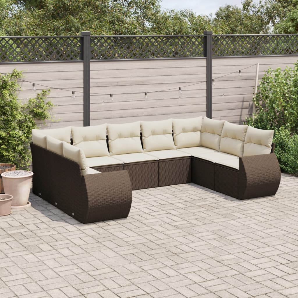 9-tlg. Garten-Sofagarnitur mit Kissen Braun Poly Rattan