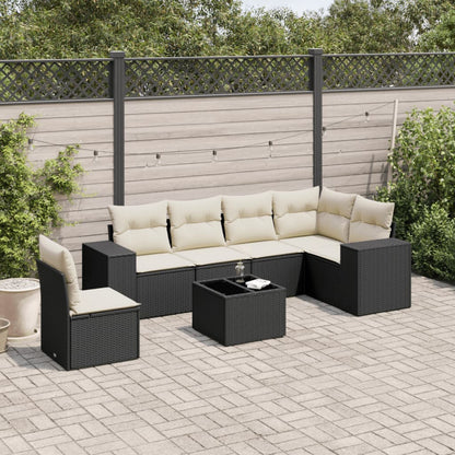 7-tlg. Garten-Sofagarnitur mit Kissen Schwarz Poly Rattan
