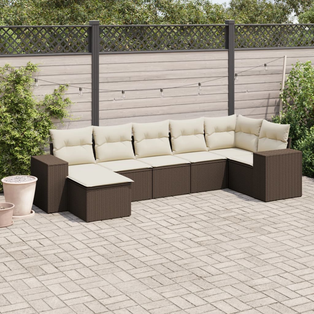 7-tlg. Garten-Sofagarnitur mit Kissen Braun Poly Rattan