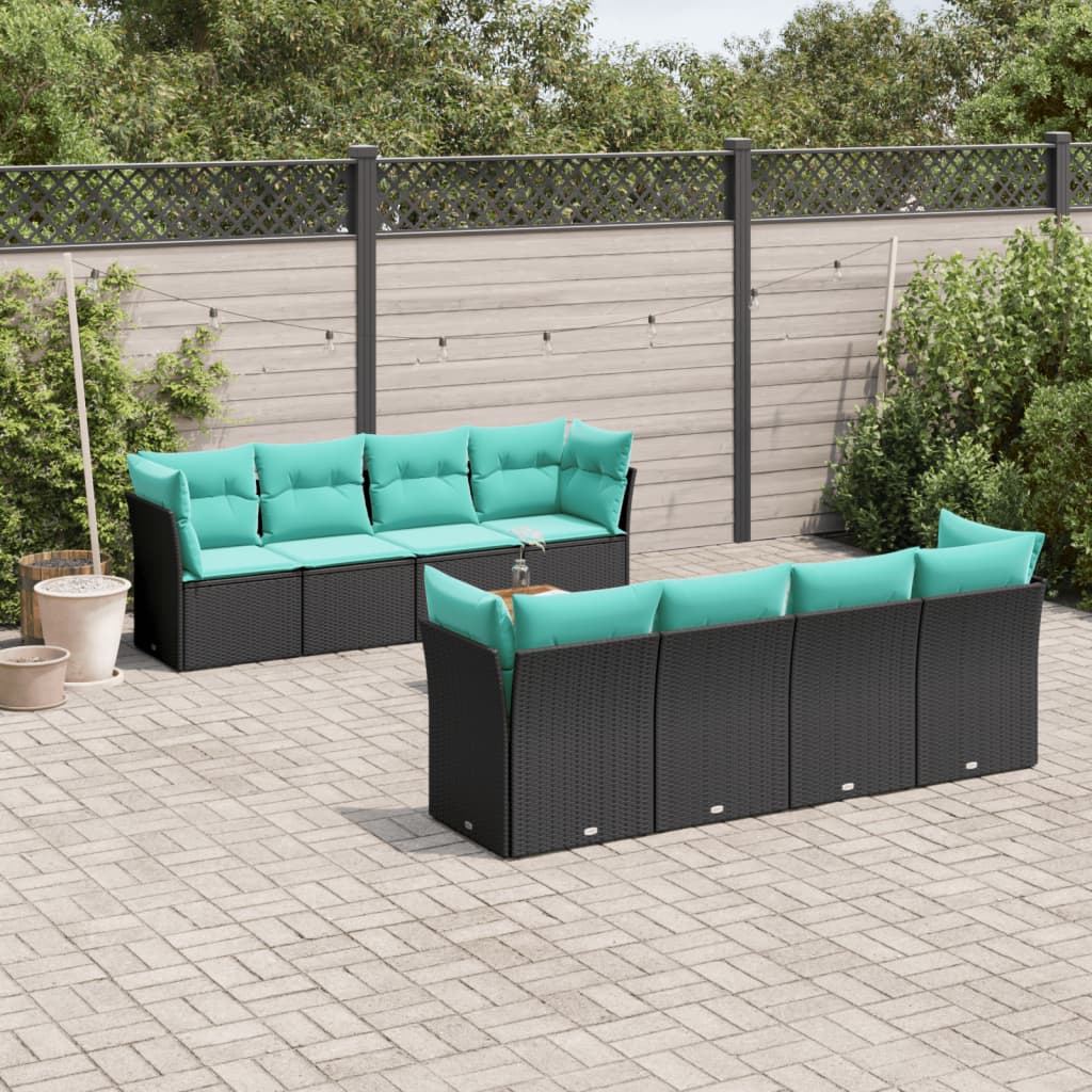 9-tlg. Garten-Sofagarnitur mit Kissen Schwarz Poly Rattan
