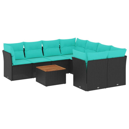 9-tlg. Garten-Sofagarnitur mit Kissen Schwarz Poly Rattan