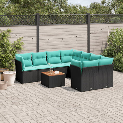 9-tlg. Garten-Sofagarnitur mit Kissen Schwarz Poly Rattan