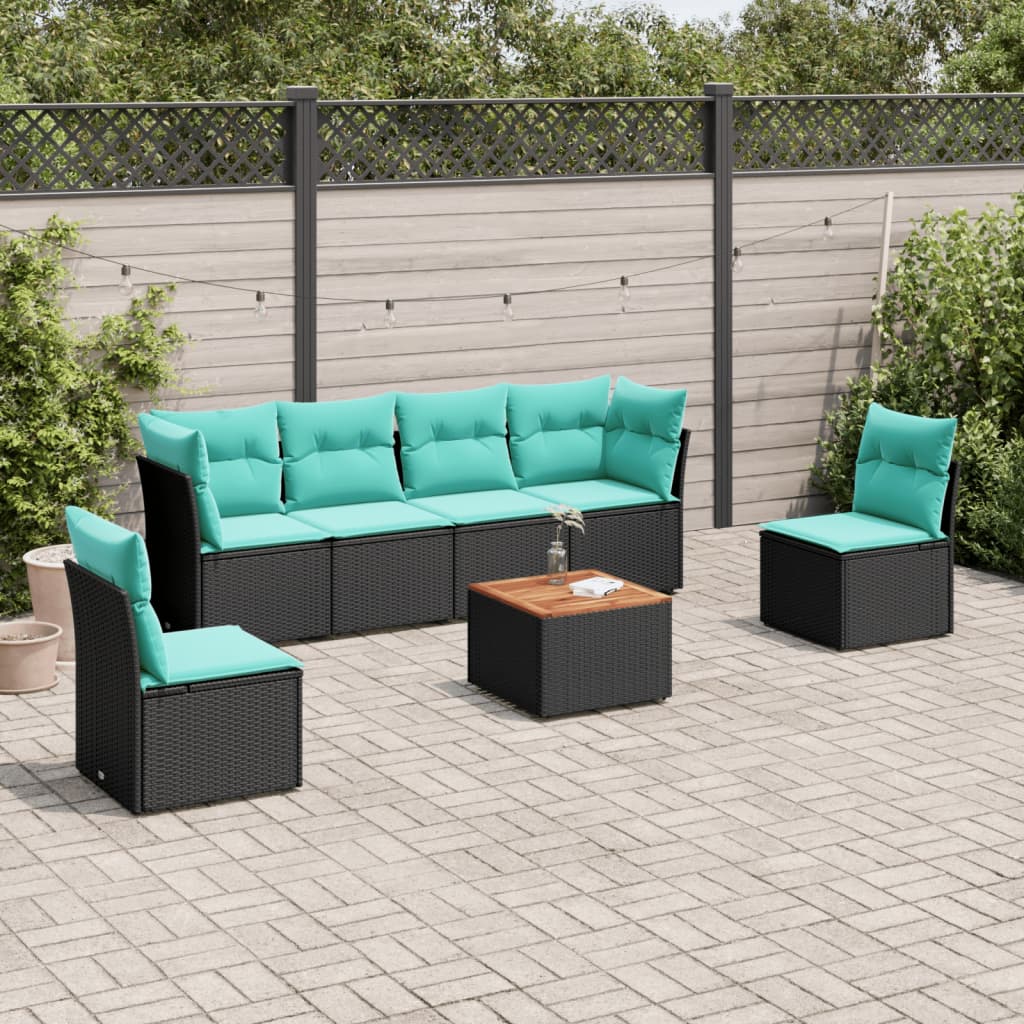 7-tlg. Garten-Sofagarnitur mit Kissen Schwarz Poly Rattan